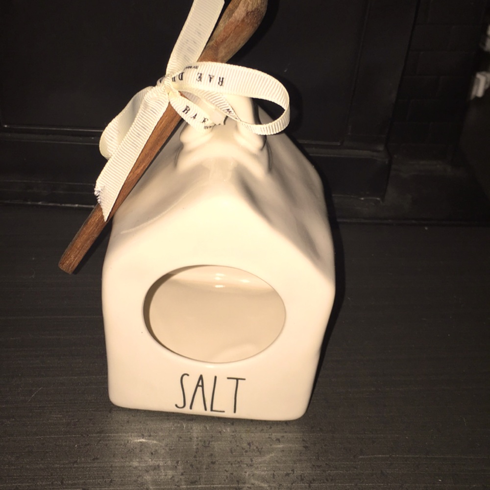 Rae Dunn Salt Pig with wooden spoon.